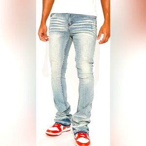 NovaMen Ruthless Vertical Embroidered Wide Leg Stacked Denim Pants Light Wash 38